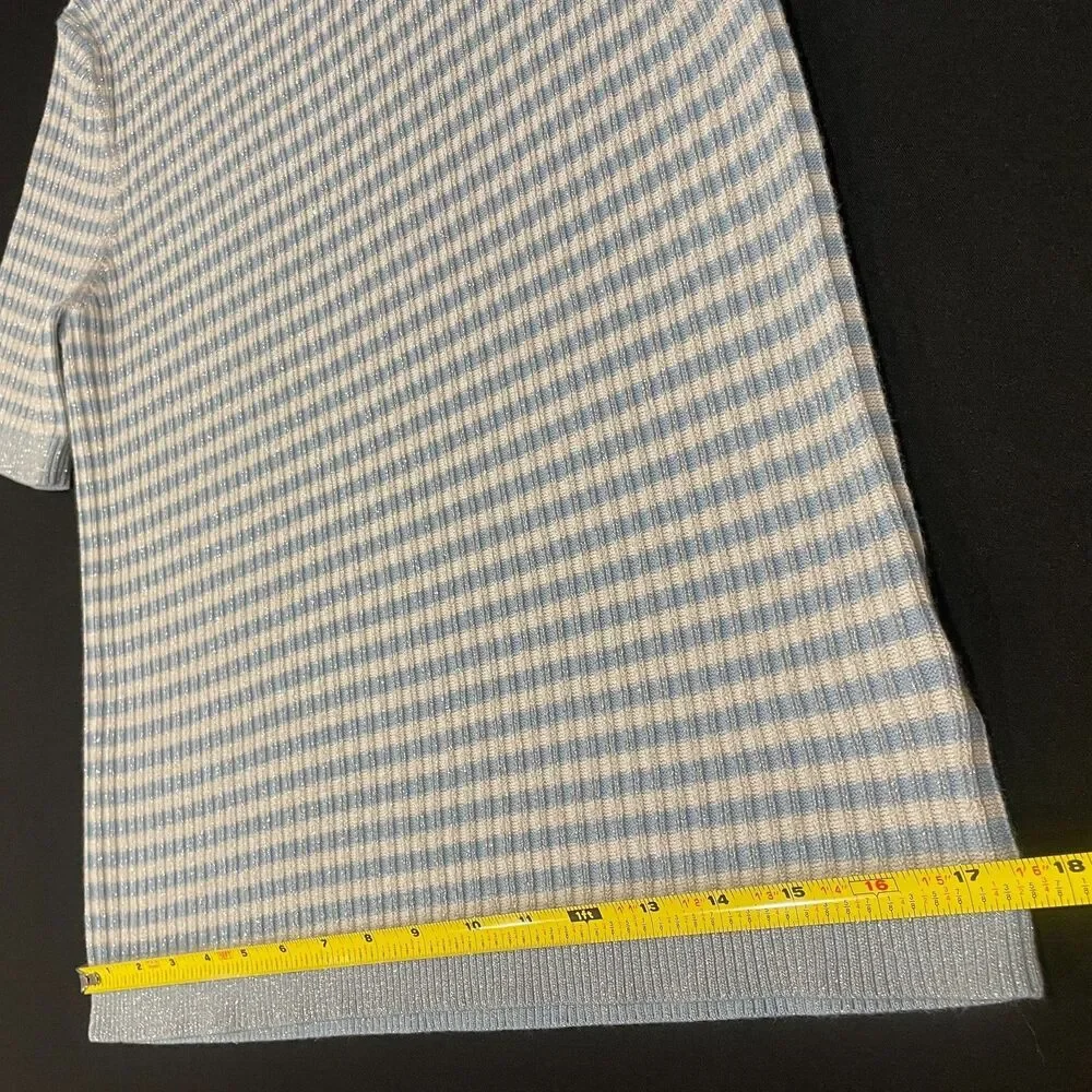 ~ Brooks Brothers XL Sweater Short Sleeved Striped Metallic Ribbed Knit Lt Blue
